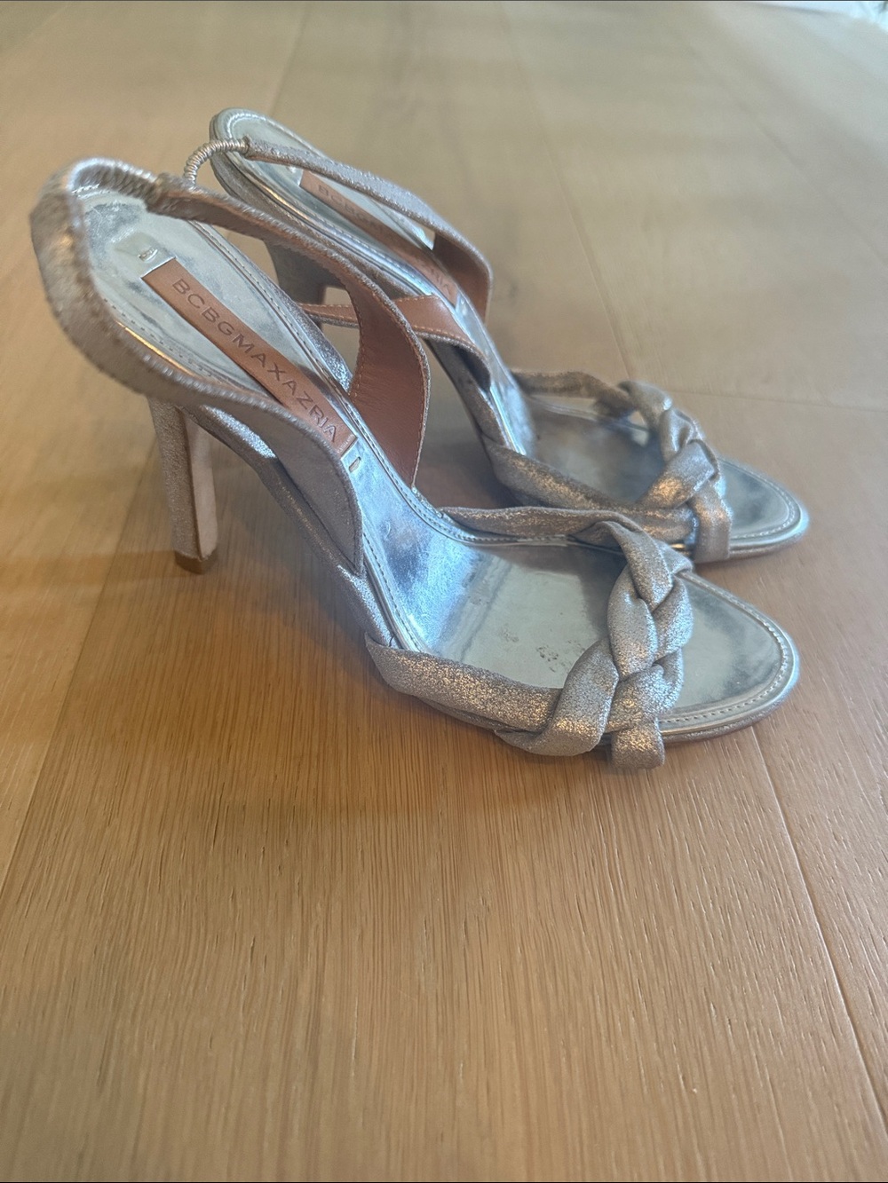 BCBG max azria Silver braided Sandals Size 6